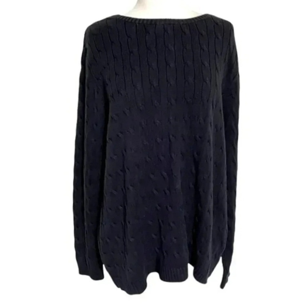 Kate‎ Hill Cable Knit Sweater 1X Navy Blue Boat Neck Long Sleeve Pullover